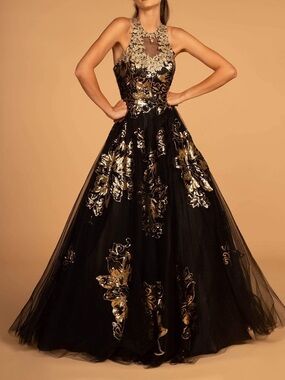 Elegant Black and Gold Prom Dress